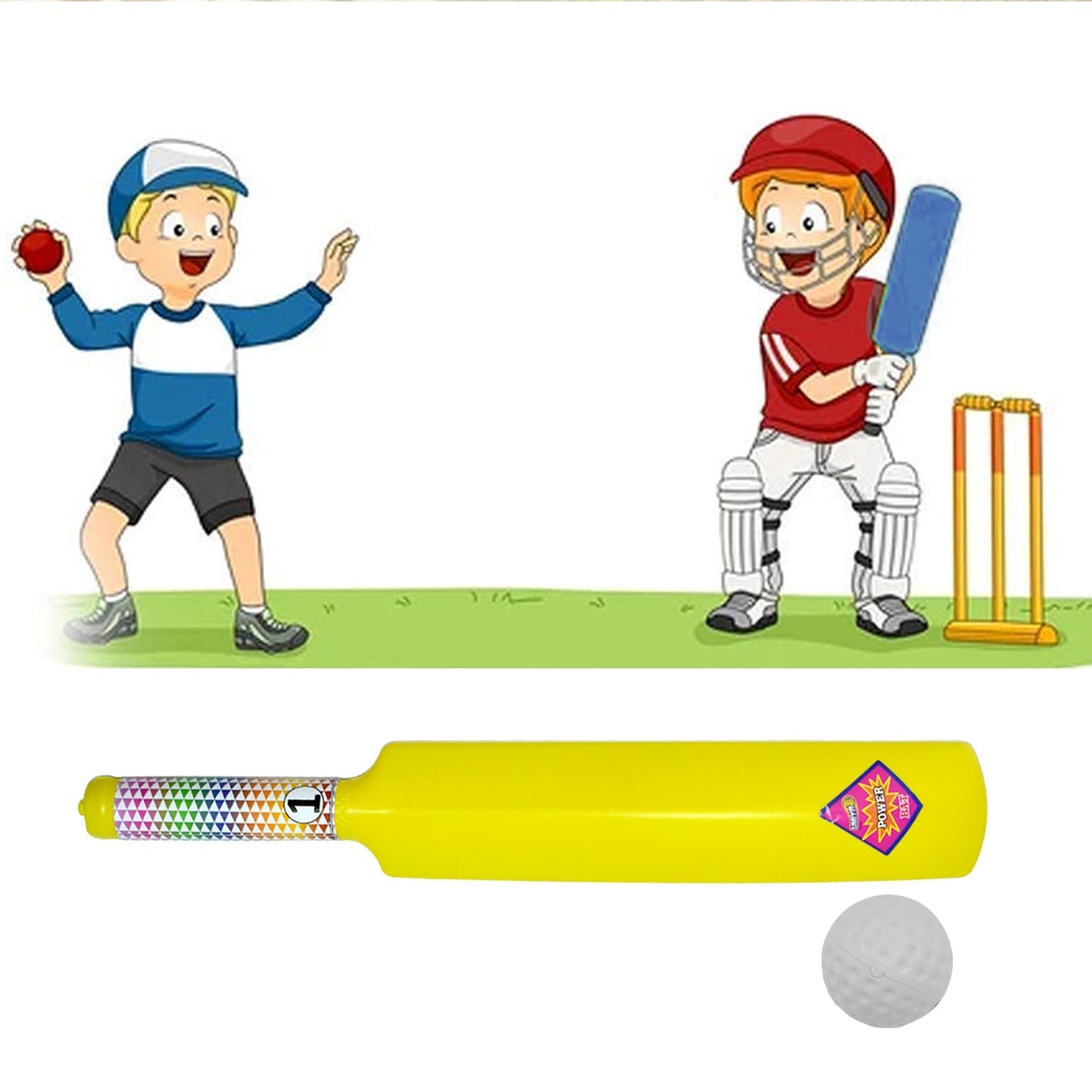 Plastic cricket bat and ball set for kids, showing vibrant colors Plastic cricket bat and ball set for kids, showing vibrant colors